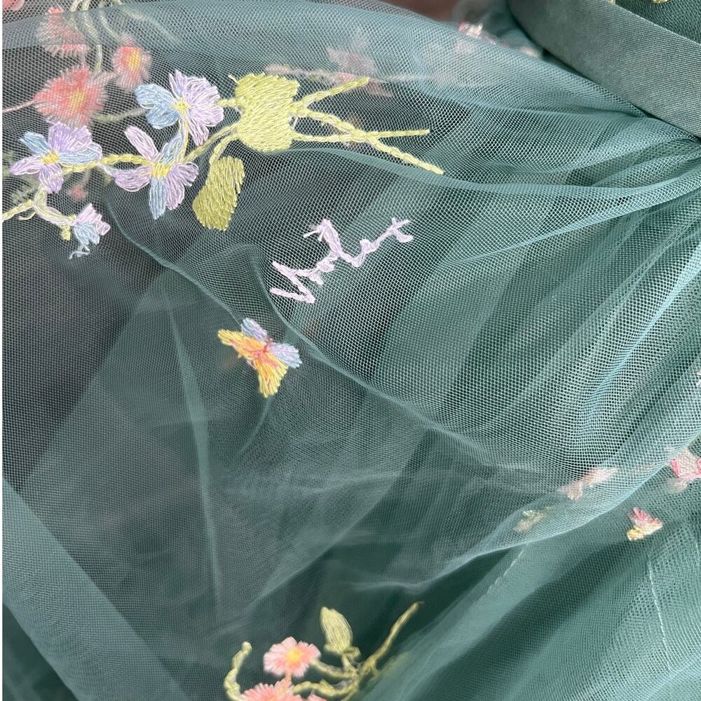 Teal Green Embroidered Floral Tulle Corset Midi Dress 10 Fairycore Formal - Picture 10 of 13